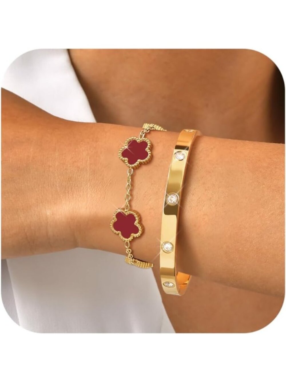 Womens Red Stackable Gold Bracelets Jewelry, 18K Gold Plated Floral Bracelet